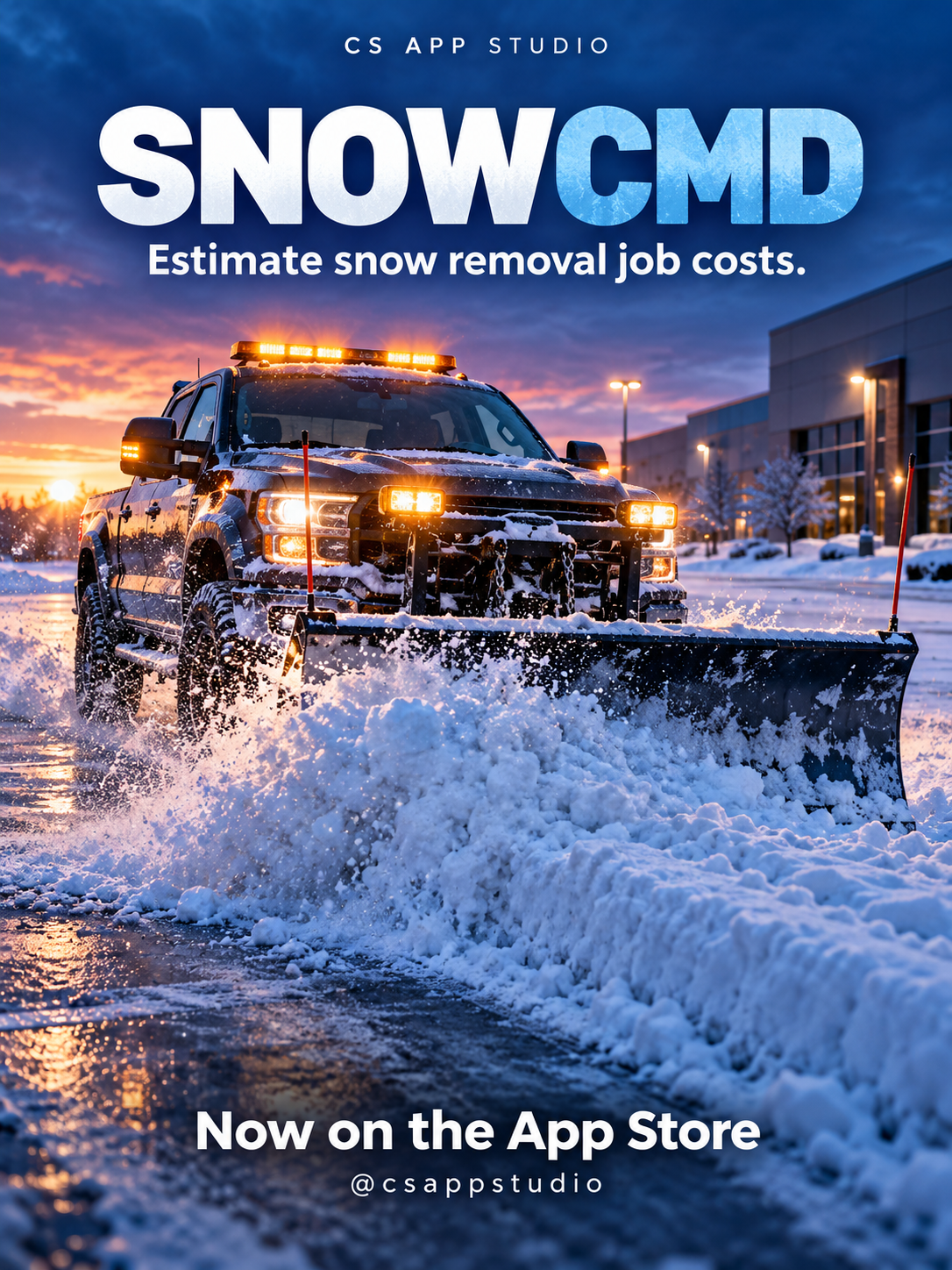 SNOWCMD promotional artwork featuring a snowplow